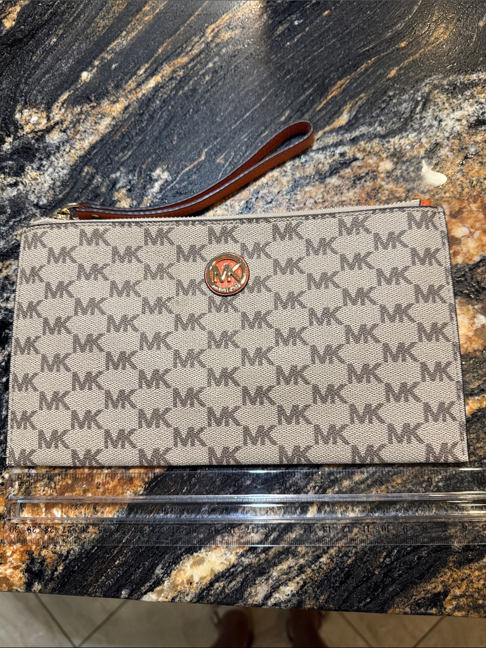 Michael Kors Beige and Brown MK Logo Wristlet Pouch
